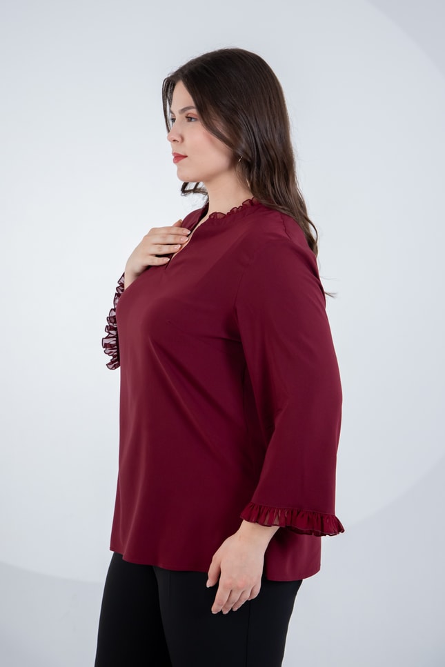 Büyük Beden 121041 V Yaka Fırfırlı Bluz Bordo