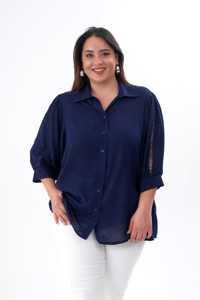Büyük Beden 1211026 Kolu Şerit Detaylı Gömlek  Dark Blue