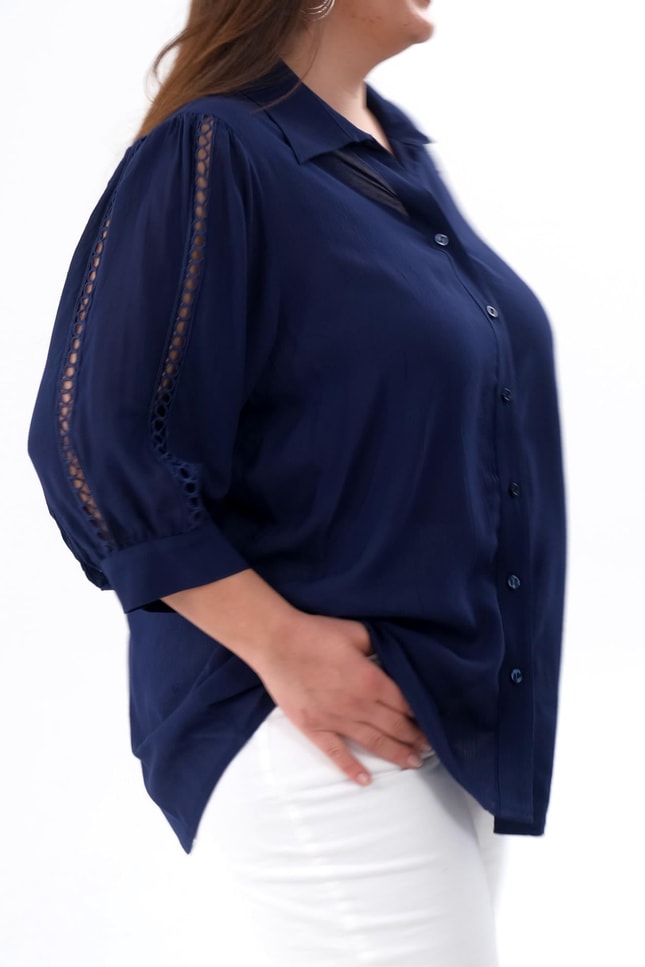 Büyük Beden 1211026 Kolu Şerit Detaylı Gömlek  Dark Blue