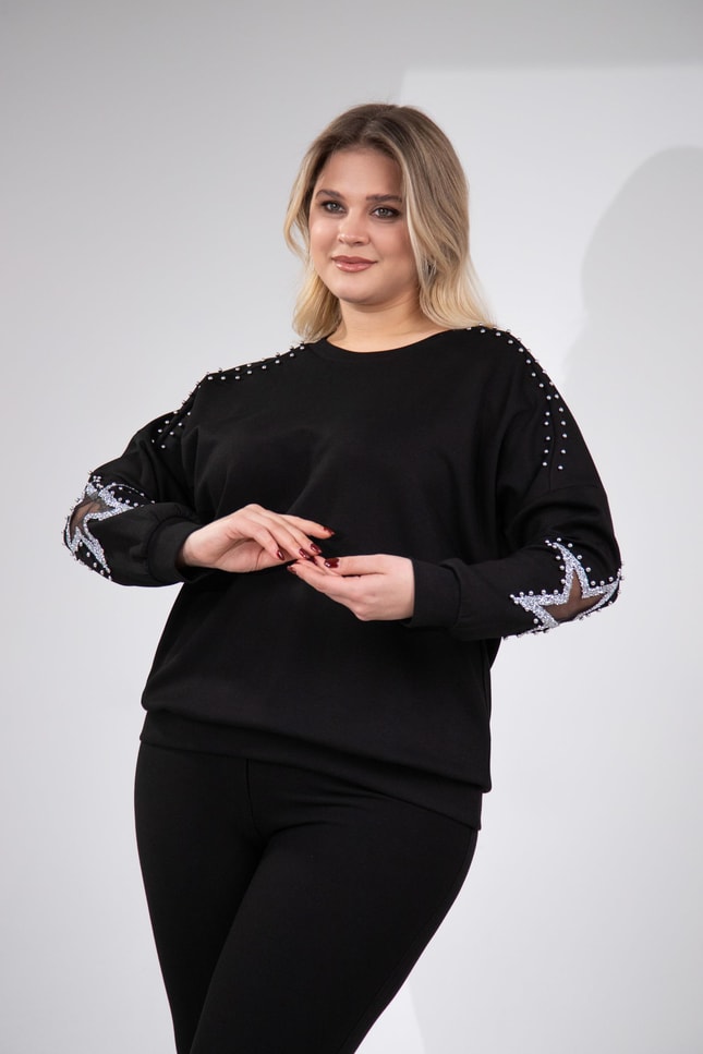 Büyük Beden 1211027 Yıldız Taşlı Sweat  Siyah