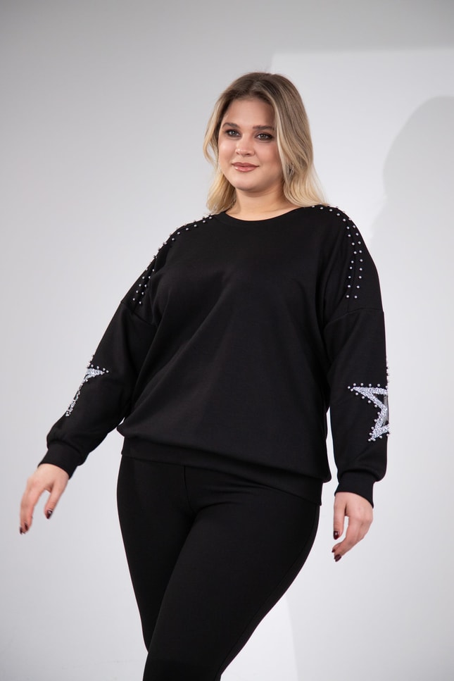 Büyük Beden 1211027 Yıldız Taşlı Sweat  Siyah