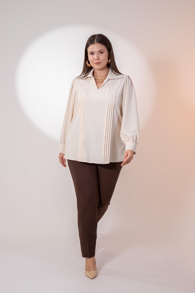 Büyük Beden 1212089 Plise Detaylı Bluz Bej