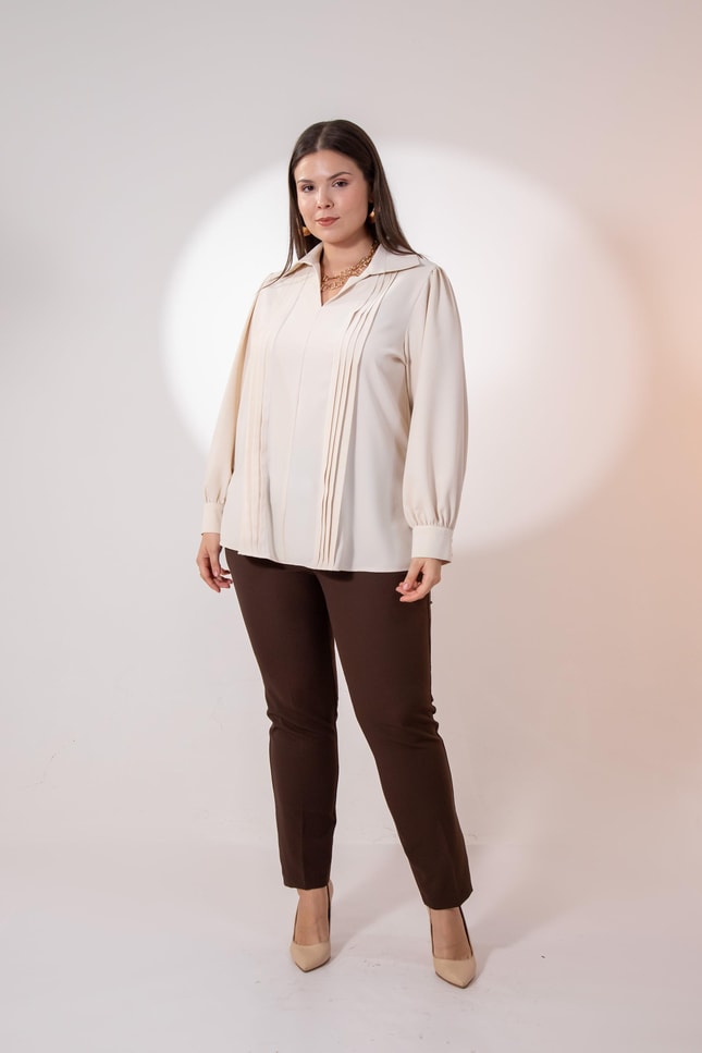 Büyük Beden 1212089 Plise Detaylı Bluz Bej