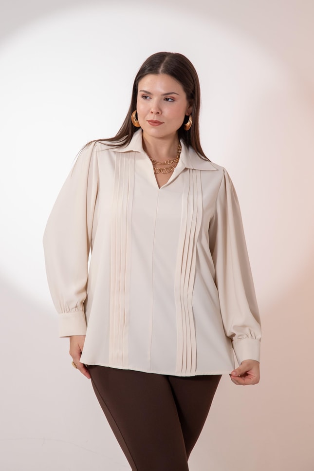 Büyük Beden 1212089 Plise Detaylı Bluz Bej