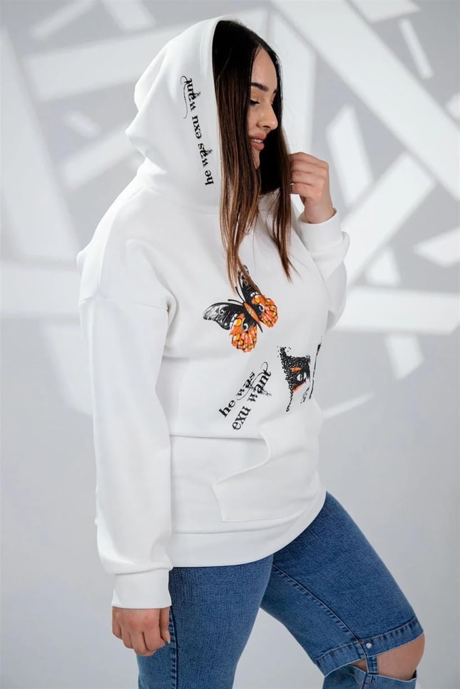 Büyük Beden 122040 Baskılı Sweat Beyaz