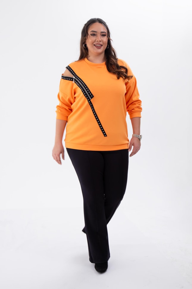 Büyük Beden 1222421 Fermuarlı Şertili Sweat  Oranj