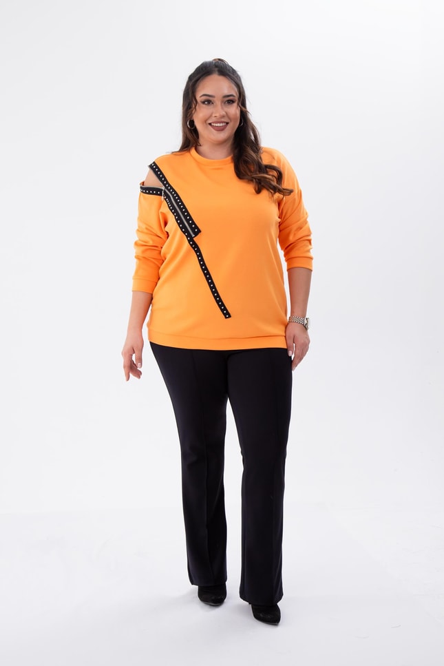 Büyük Beden 1222421 Fermuarlı Şertili Sweat  Oranj