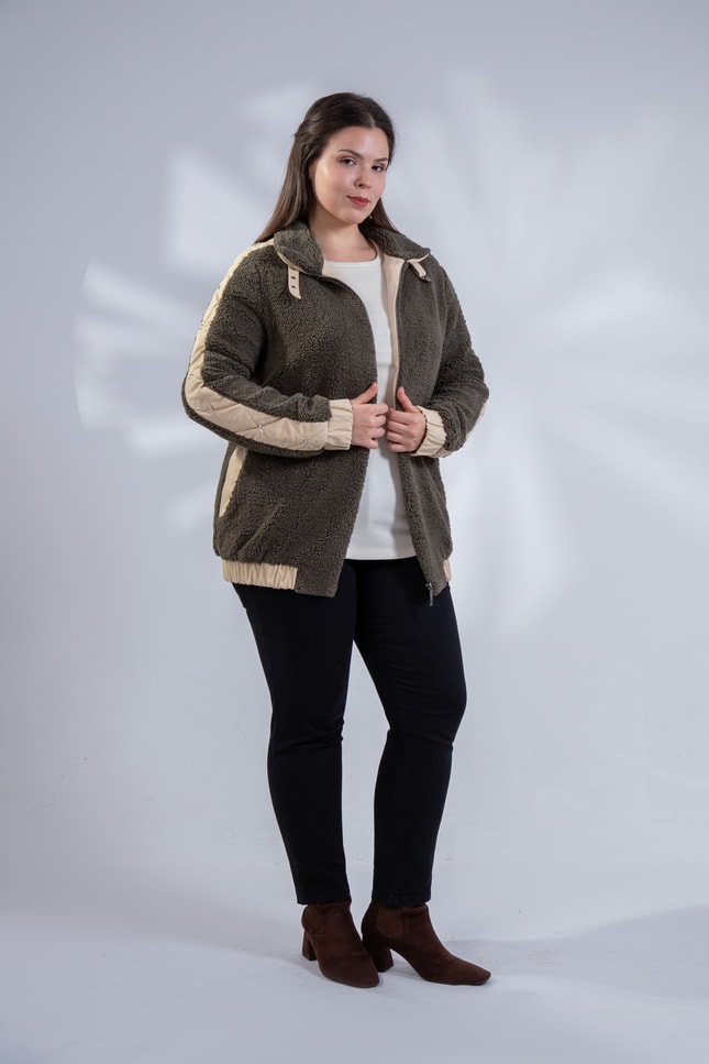 Büyük Beden 1222613 Peluş Ceket Haki