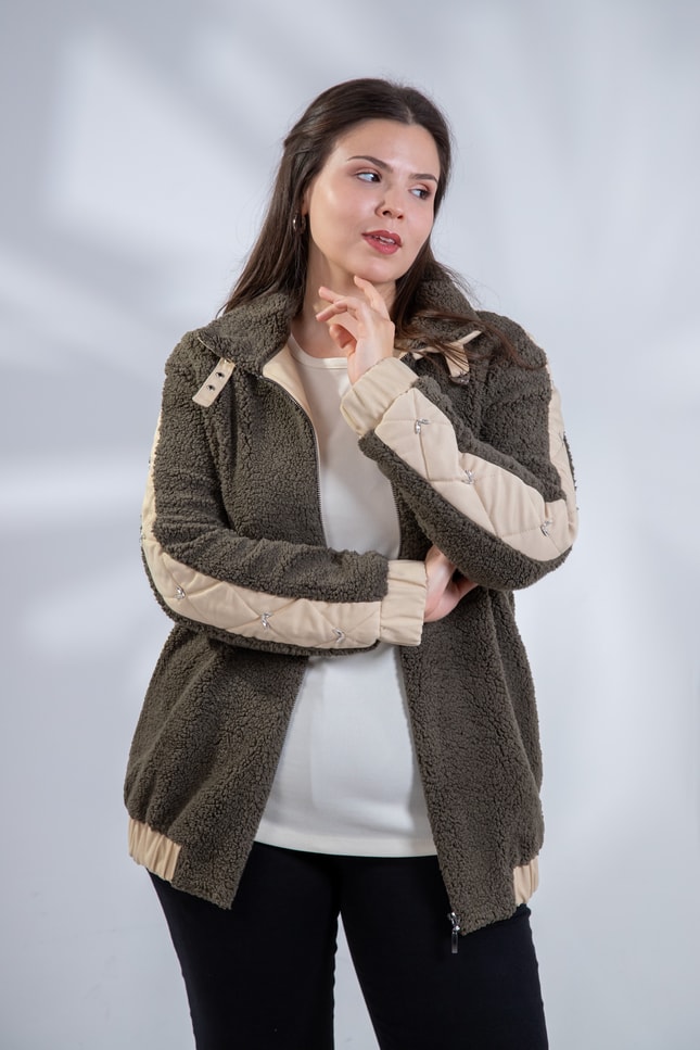 Büyük Beden 1222613 Peluş Ceket Haki