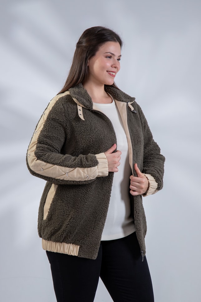 Büyük Beden 1222613 Peluş Ceket Haki