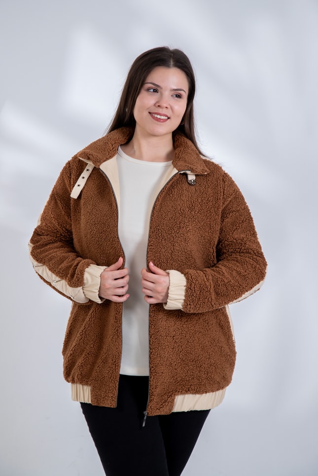 Büyük Beden 1222613 Peluş Ceket Kahverengi