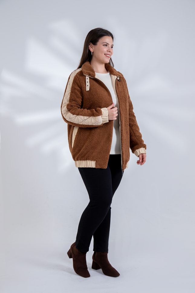 Büyük Beden 1222613 Peluş Ceket Kahverengi
