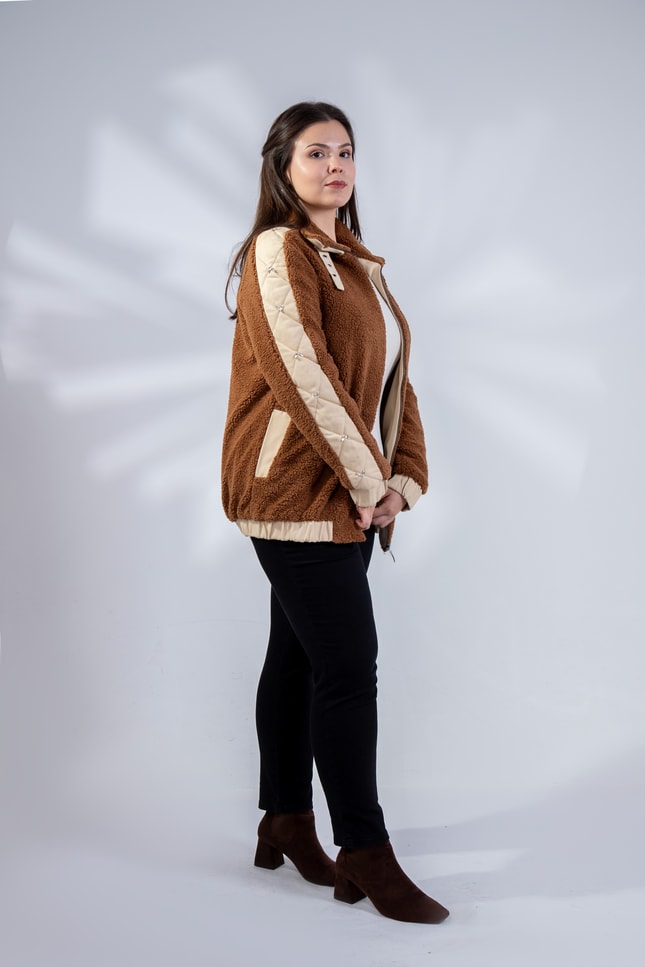Büyük Beden 1222613 Peluş Ceket Kahverengi