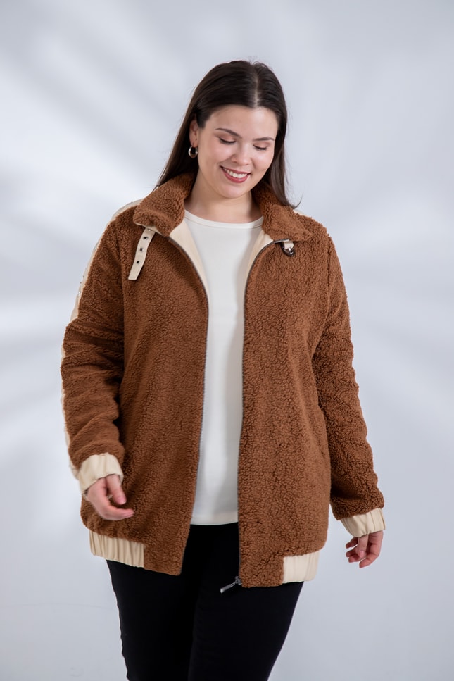 Büyük Beden 1222613 Peluş Ceket Kahverengi