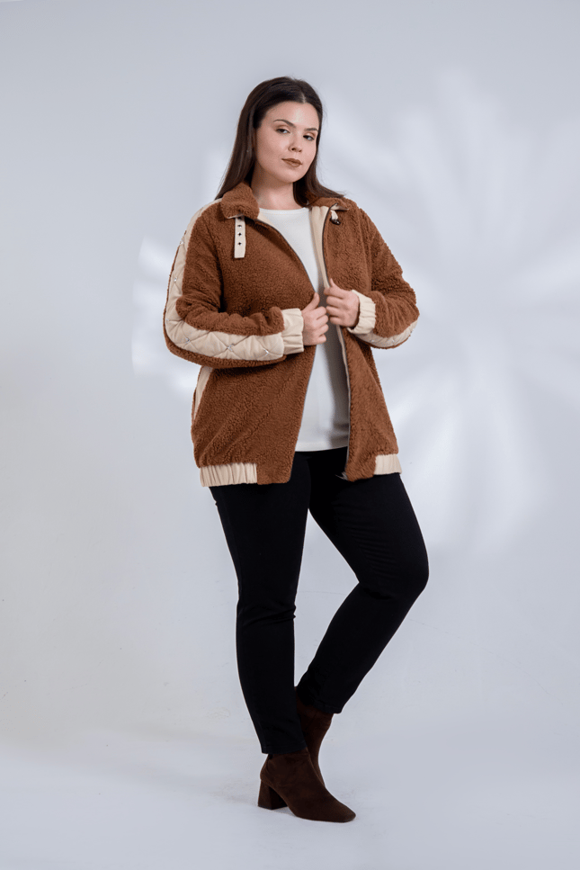 Büyük Beden 1222613 Peluş Ceket Kahverengi