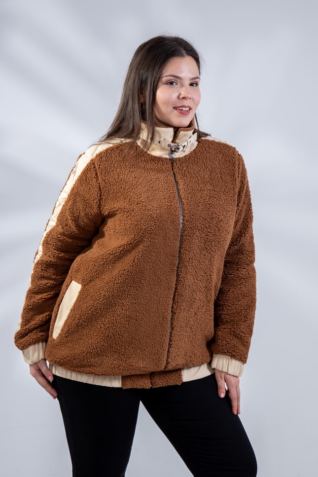 Büyük Beden 1222613 Peluş Ceket Kahverengi