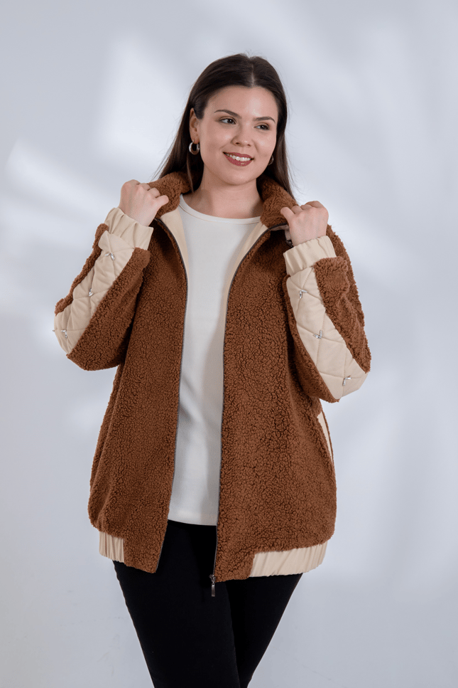 Büyük Beden 1222613 Peluş Ceket Kahverengi