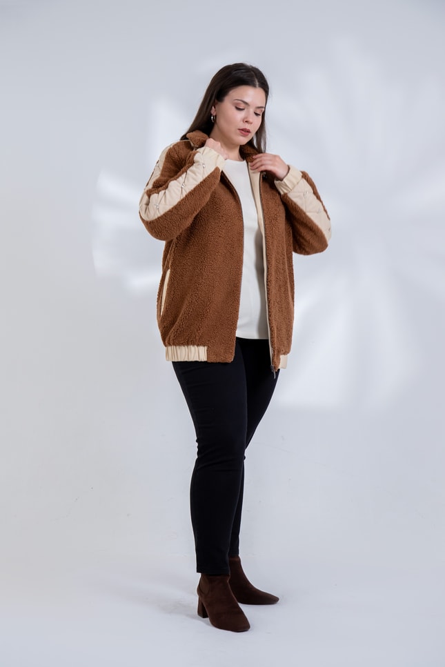 Büyük Beden 1222613 Peluş Ceket Kahverengi