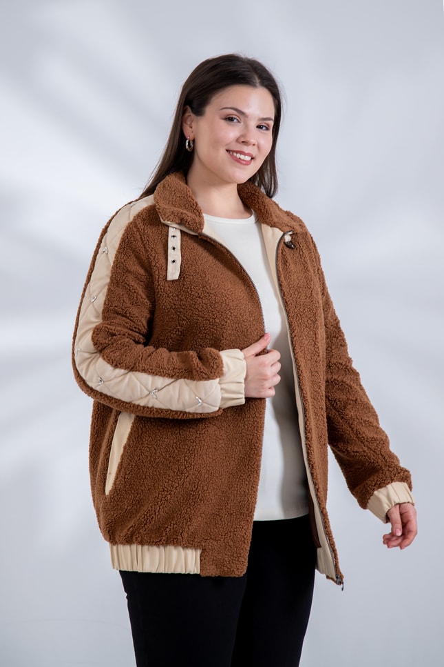 Büyük Beden 1222613 Peluş Ceket Kahverengi