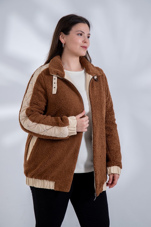 Büyük Beden 1222613 Peluş Ceket Kahverengi
