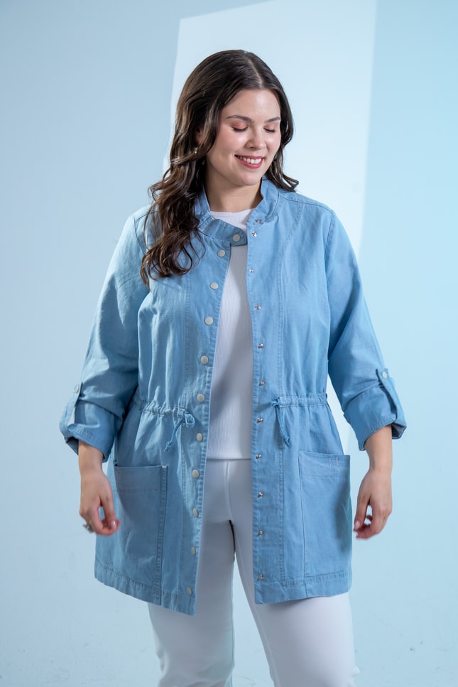 Büyük Beden 1222626 Bel Bağlamalı Denim Gömlek  Mavi