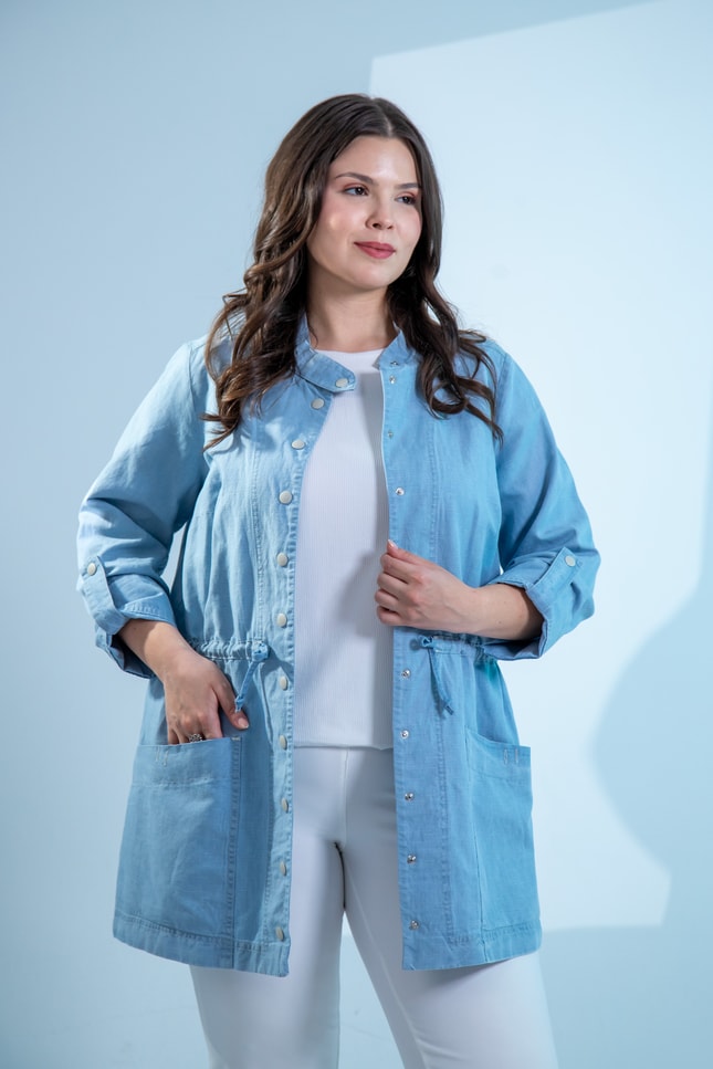 Büyük Beden 1222626 Bel Bağlamalı Denim Gömlek  Mavi