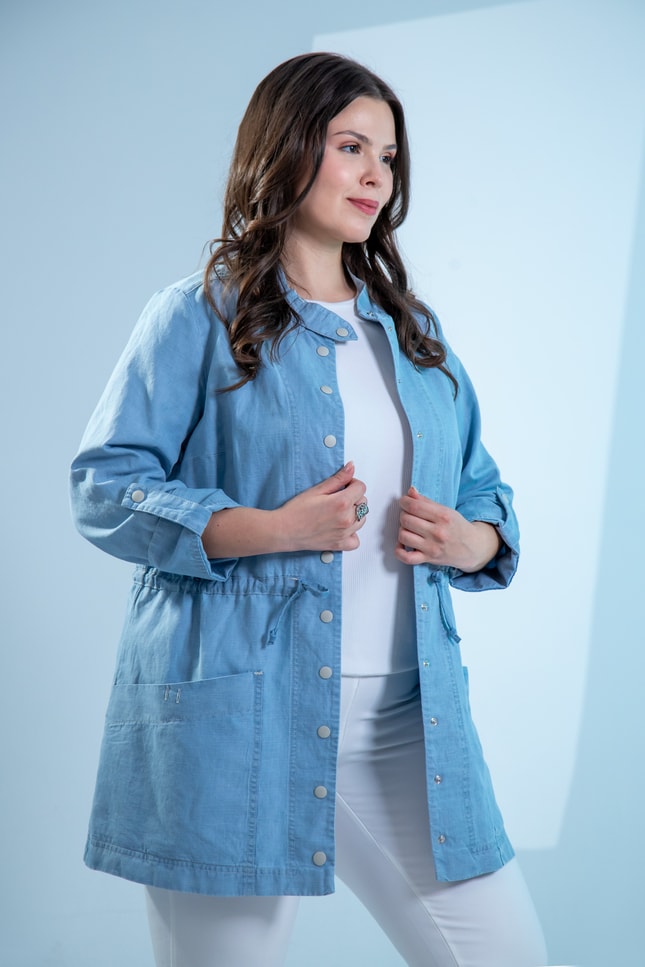 Büyük Beden 1222626 Bel Bağlamalı Denim Gömlek  Mavi