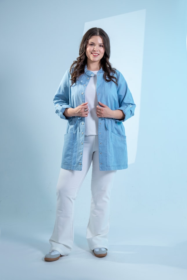 Büyük Beden 1222626 Bel Bağlamalı Denim Gömlek  Mavi