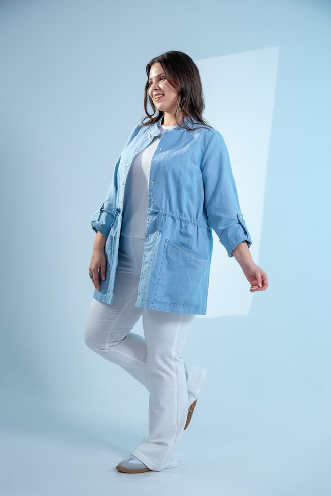 Büyük Beden 1222626 Bel Bağlamalı Denim Gömlek  Mavi