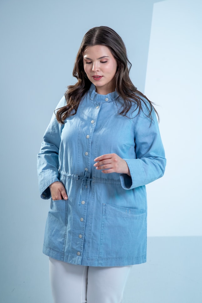 Büyük Beden 1222626 Bel Bağlamalı Denim Gömlek  Mavi