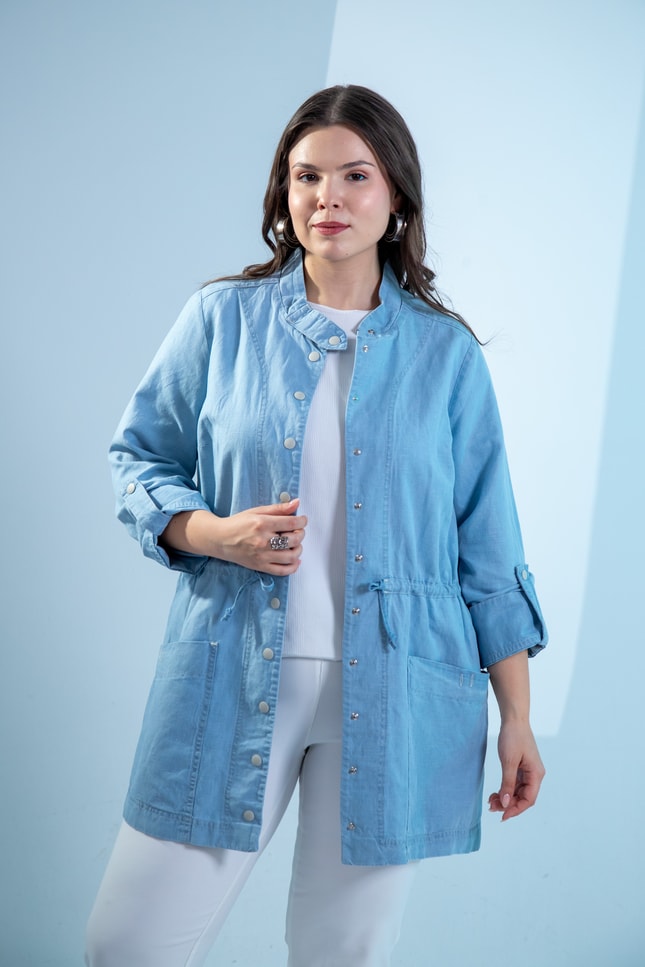 Büyük Beden 1222626 Bel Bağlamalı Denim Gömlek  Mavi
