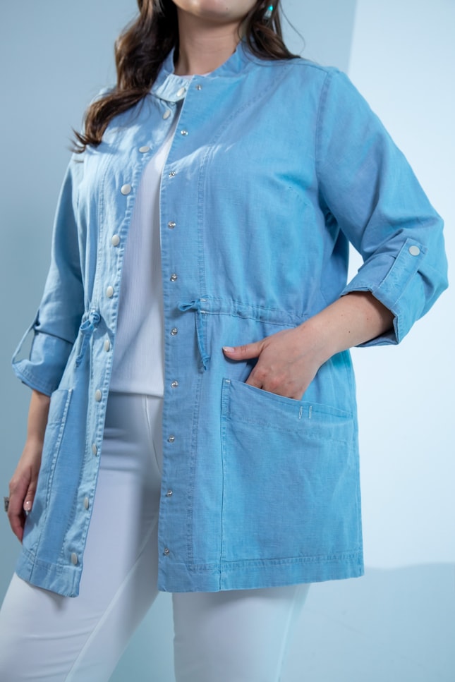 Büyük Beden 1222626 Bel Bağlamalı Denim Gömlek  Mavi