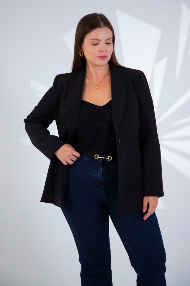 Büyük Beden 1222702 Tek Düğme Blazer Ceket  Siyah