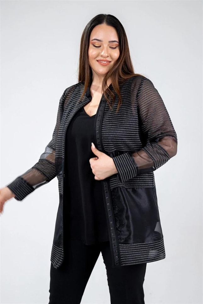 Büyük Beden 122391 Rachel Abiye Bluz Ceket Takım Siyah-Gümüş
