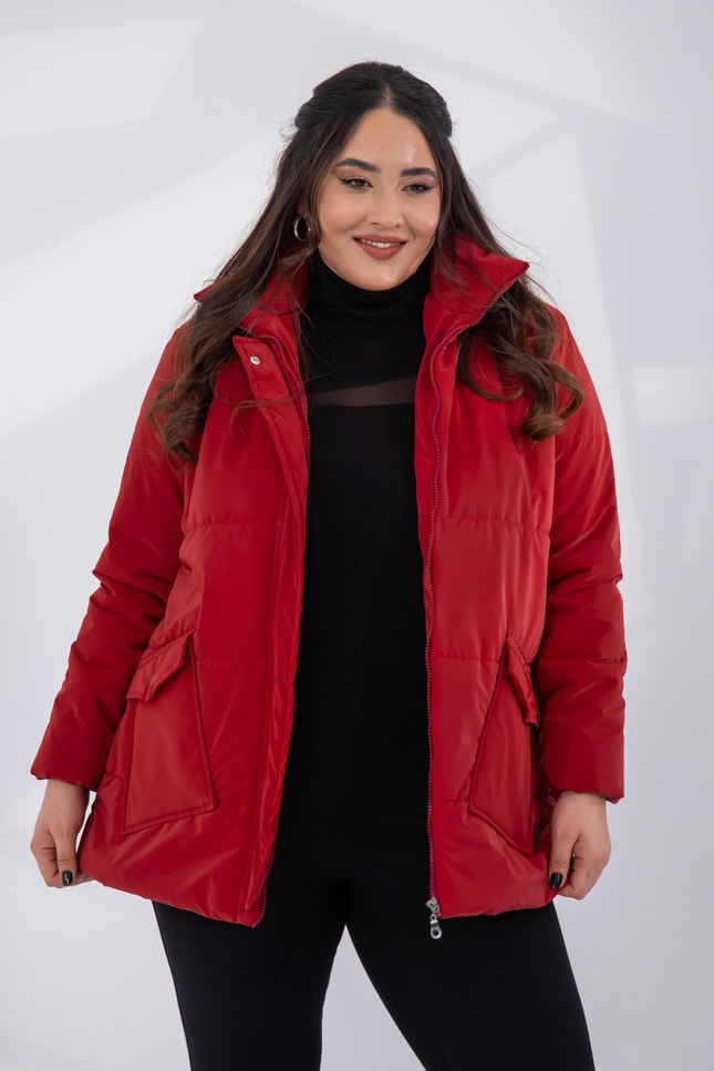 Büyük Beden 132190 Kapitone Mont  Kırmızı