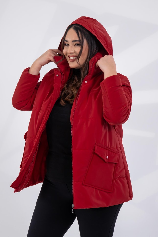 Büyük Beden 132190 Kapitone Mont  Kırmızı