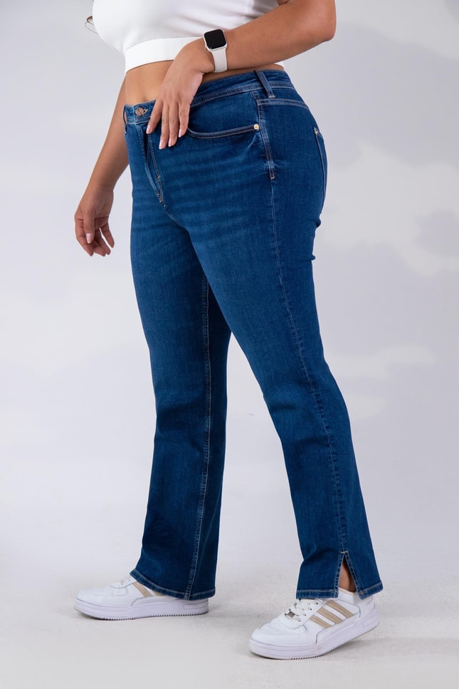 Büyük Beden 210078 Paça Yanı Yırtmaçlı Denim Pantolon  Mavi