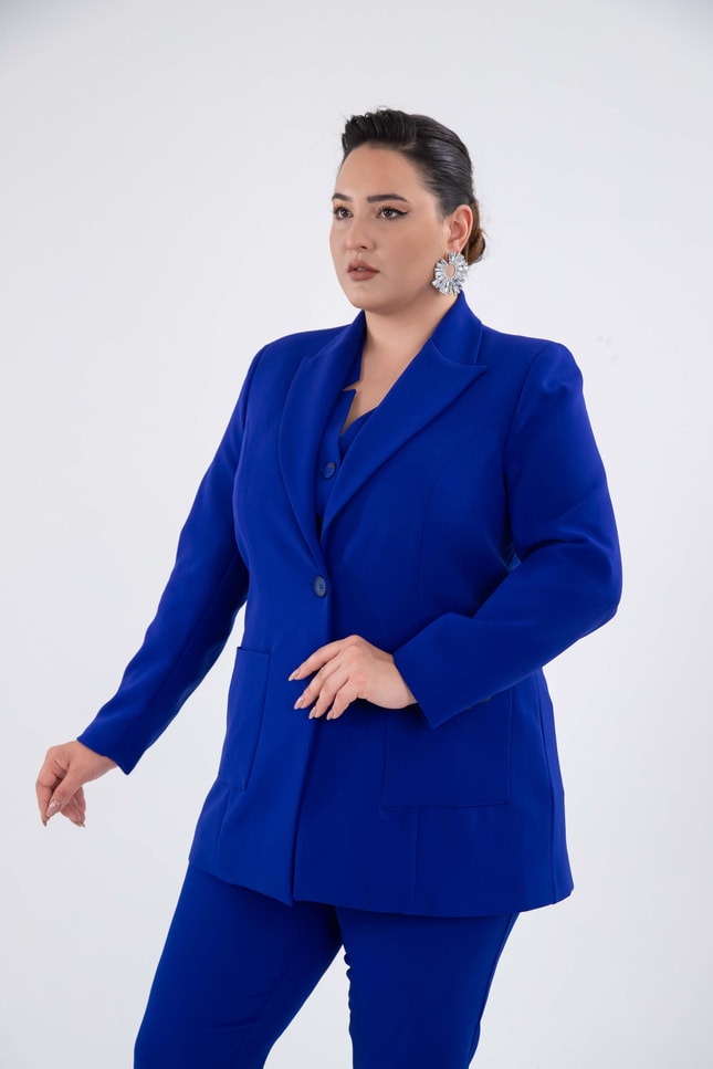 Büyük Beden 2230014 Cep Detaylı Blazer Ceket  Saks