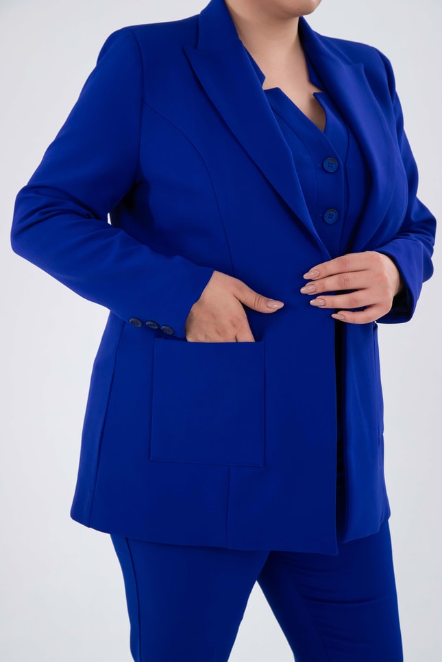 Büyük Beden 2230014 Cep Detaylı Blazer Ceket  Saks