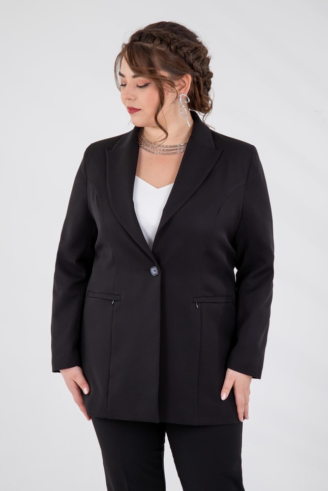 Büyük Beden 2230015 Cep Fermuarlı Blazer Ceket  Siyah