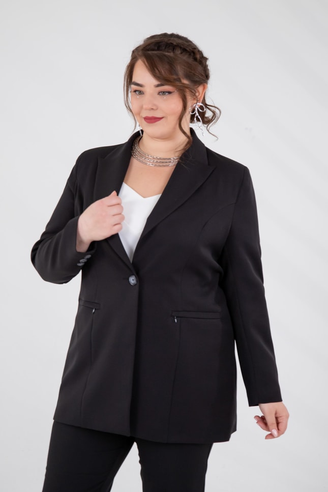 Büyük Beden 2230015 Cep Fermuarlı Blazer Ceket  Siyah
