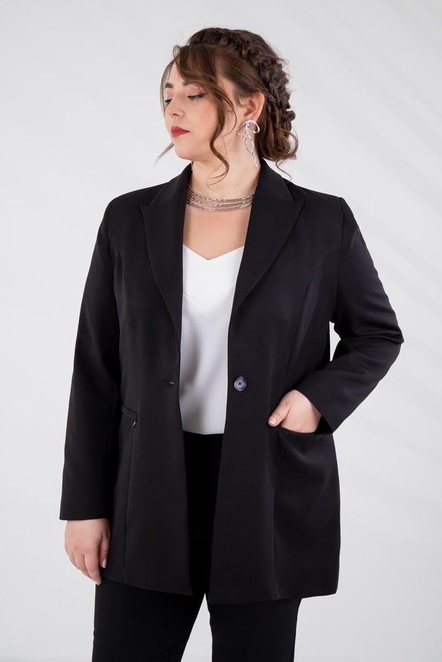 Büyük Beden 2230015 Cep Fermuarlı Blazer Ceket  Siyah