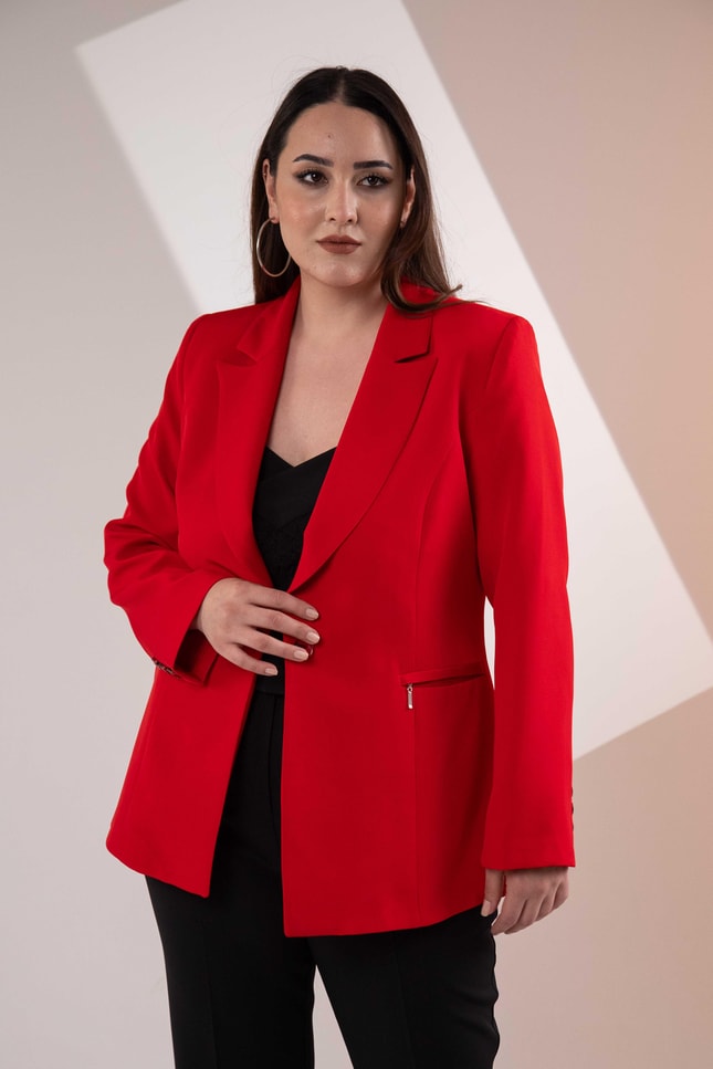 Büyük Beden 2234742 Cep Fermuarlı Blazer Ceket  Kırmızı