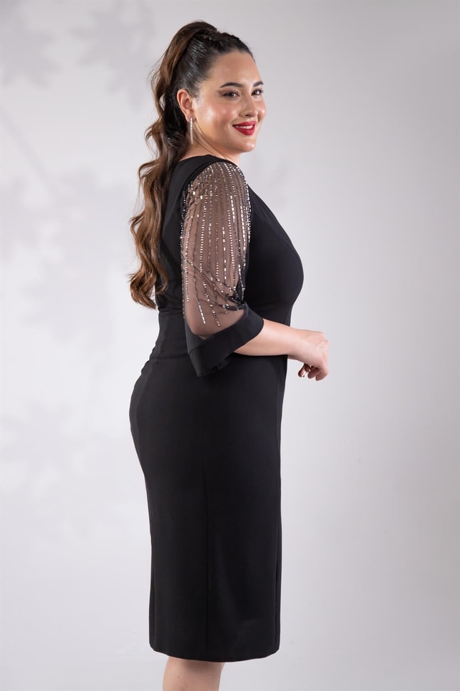Büyük Beden 2421349 Kolları Pul İşlemeli Abiye  Siyah