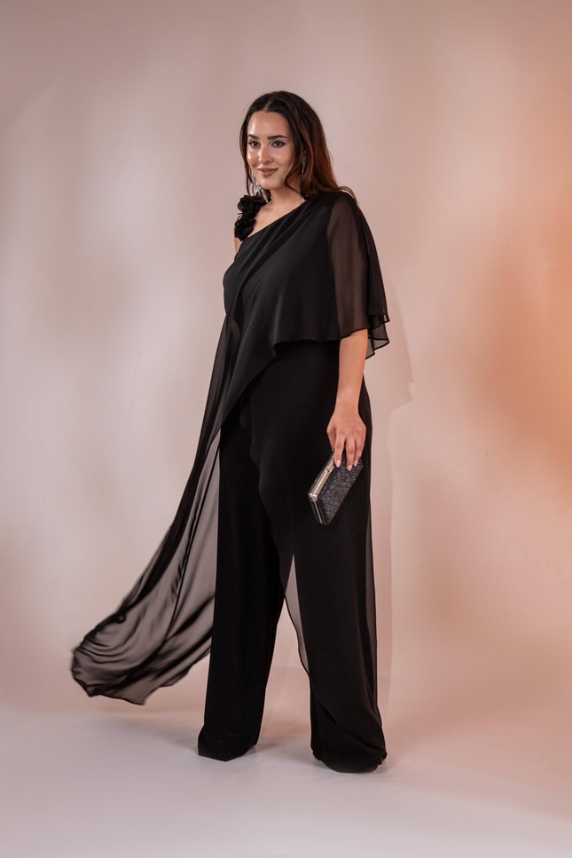 Büyük Beden 2422107 Şifon Tulum Abiye Siyah