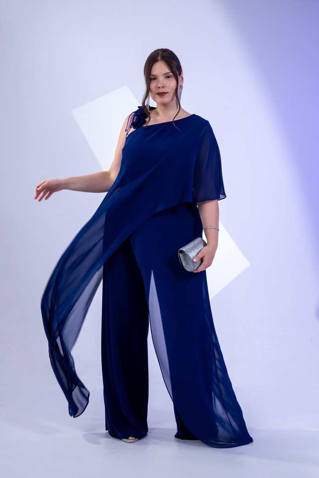 Büyük Beden 2422107 Şifon Tulum Abiye Saks