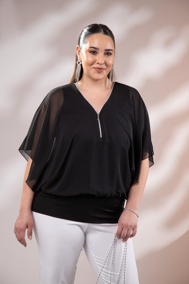 Büyük Beden 3330365 Fermuarlı Şifon Bluz Siyah