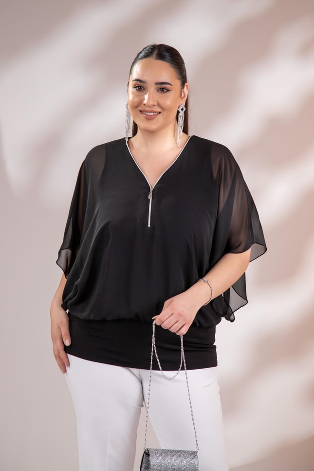 Büyük Beden 3330365 Fermuarlı Şifon Bluz Siyah