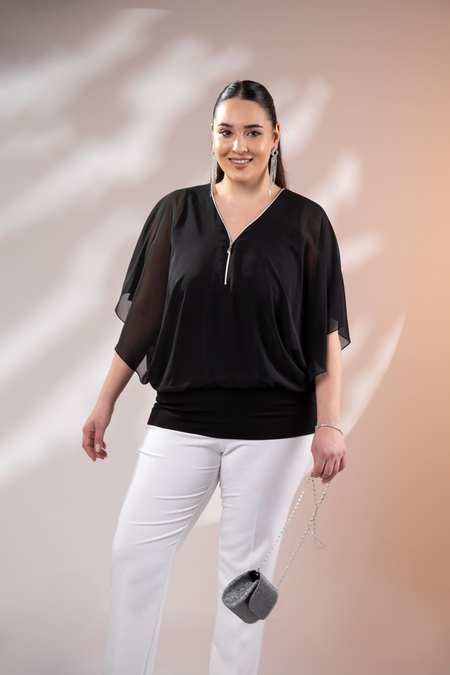 Büyük Beden 3330365 Fermuarlı Şifon Bluz Siyah