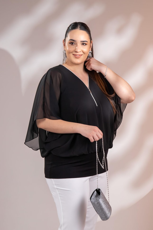 Büyük Beden 3330365 Fermuarlı Şifon Bluz Siyah